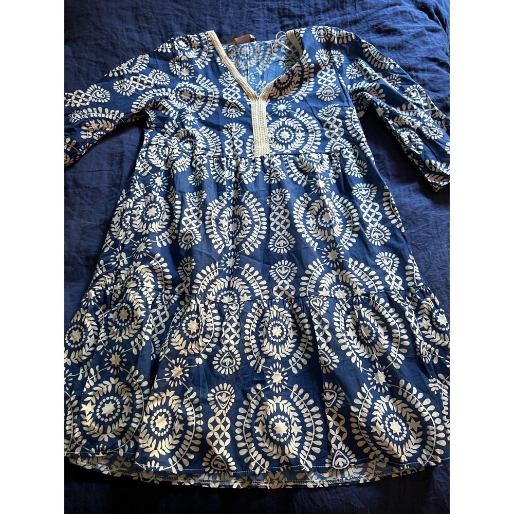new Saiph Lab Dress size large Tiered Bell Sleeve Santorini Mini White Blue